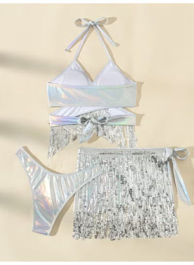 3 pieces Sparkly Silver Sequin Fringe Belly Dance Skirt Tassel Shorts Belly Dancing Skirts Rave Outfit for Women L ﻿ ﻿ - Image 2